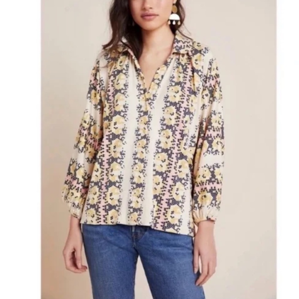 NWT ANTHROPOLOGIE Porridge Abbe Buttondown Hexagonal Tops Long Sleeve